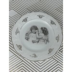 Antique Bavaria Little Girls Portrait Transferware Plate Gold Scalloped Trim 6"